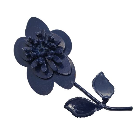 Navy Blue Flower Power Brooch Metal Enameled Stem Pin 3D Vintage 1960s - Picture 2 of 10